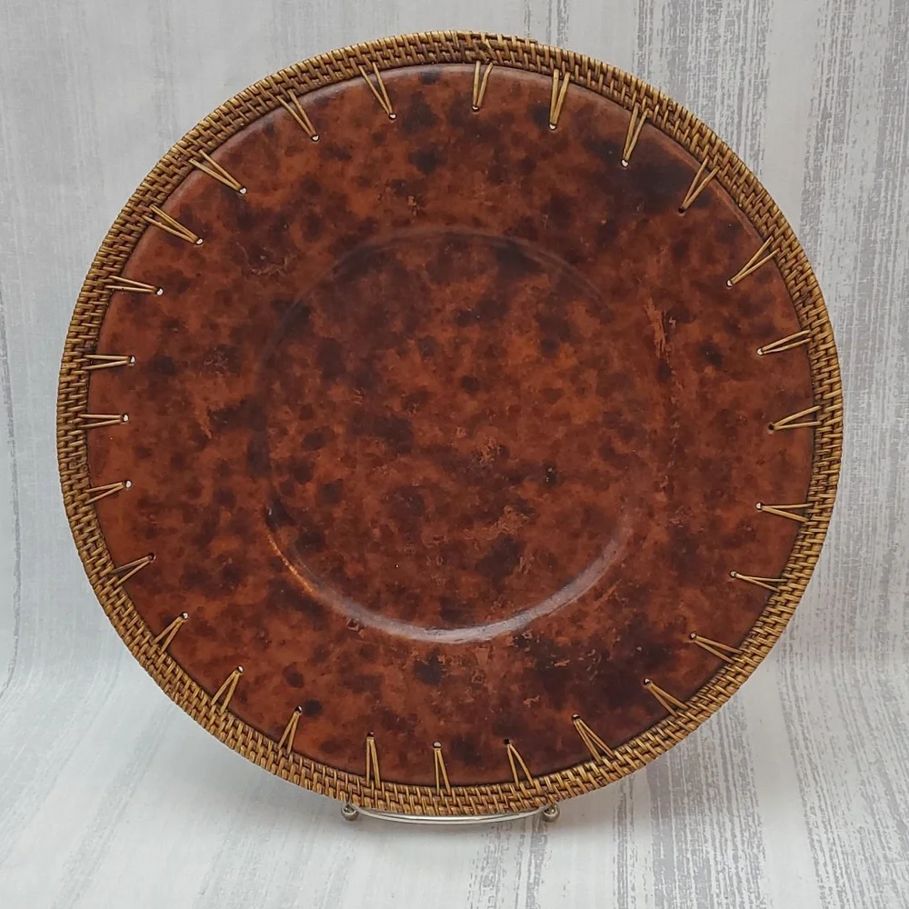 Pier 1 Imports Brown Tortoise Design 14” Wicker Border Catchall Bowl